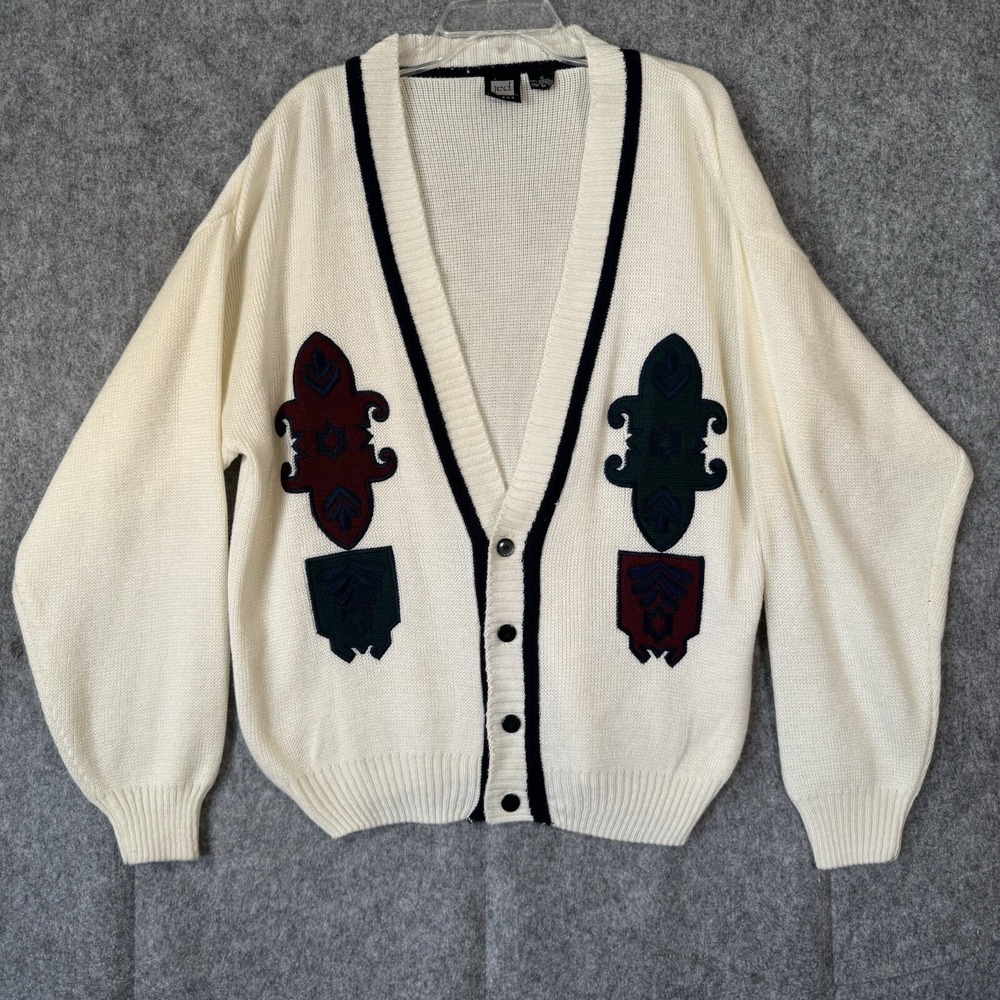 Vtg Ivy League Preppy Cardigan Sweater Mens Small 80s Eclectic Grandpa Crest